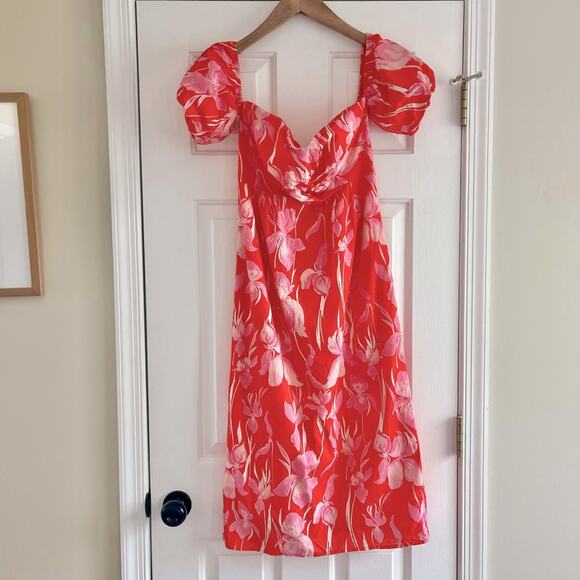 Lena Orange and Pink Floral Off the Shoulder Midi Dress Medium - Picture 2 of 6